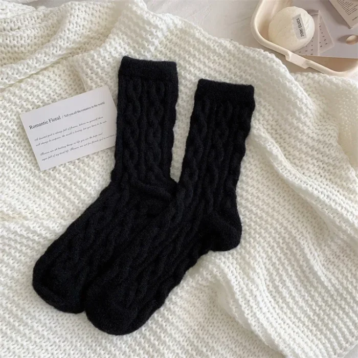 Winter Warmth: Japanese Arctic Velvet Medium Tube Socks with Solid Color Twists