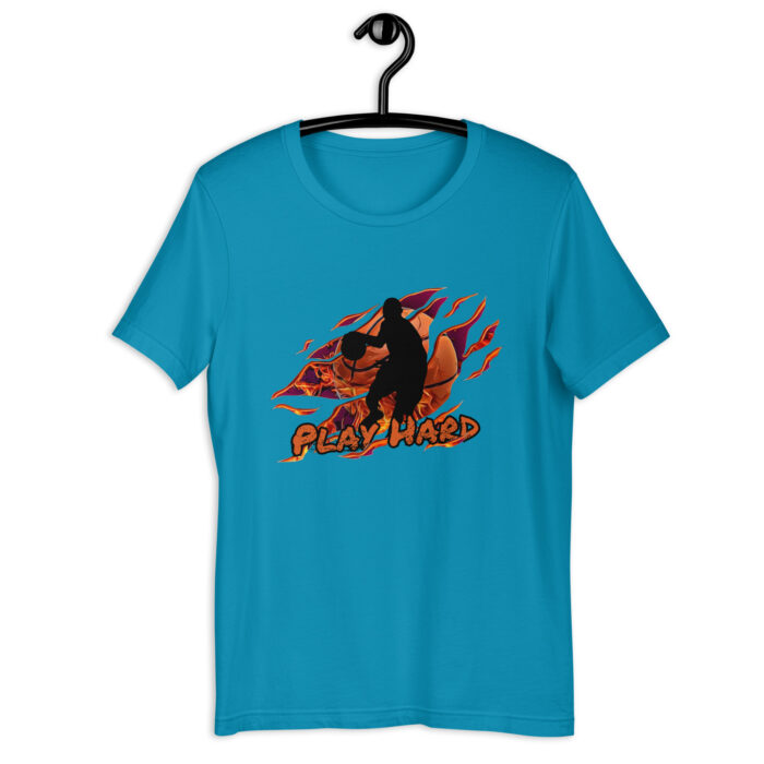 Black Orange Sillhouette Play Hard Basketball T-Shirt - Aqua, 2XL
