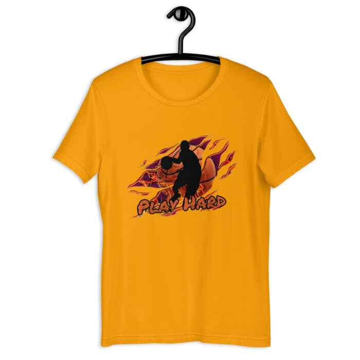 Black Orange Sillhouette Play Hard Basketball T-Shirt - Gold, 2XL