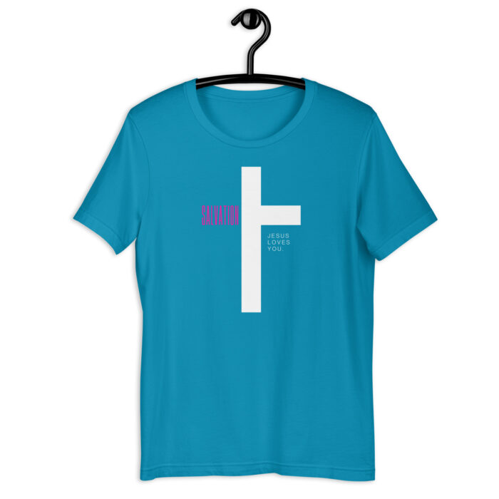 “Divine Love” Tee – ‘Salvation & Jesus Loves You’ Cross Design – Spiritual Color Range - Aqua, 2XL