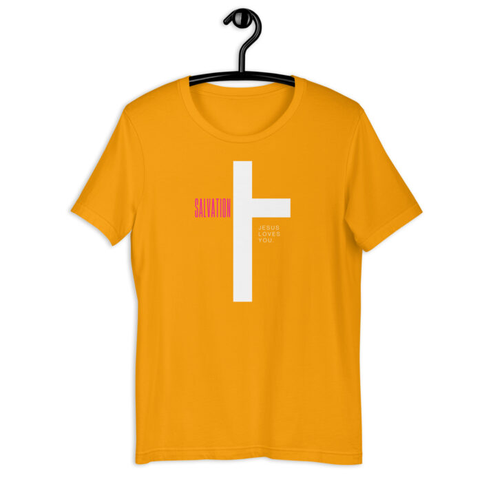 “Divine Love” Tee – ‘Salvation & Jesus Loves You’ Cross Design – Spiritual Color Range - Gold, 2XL