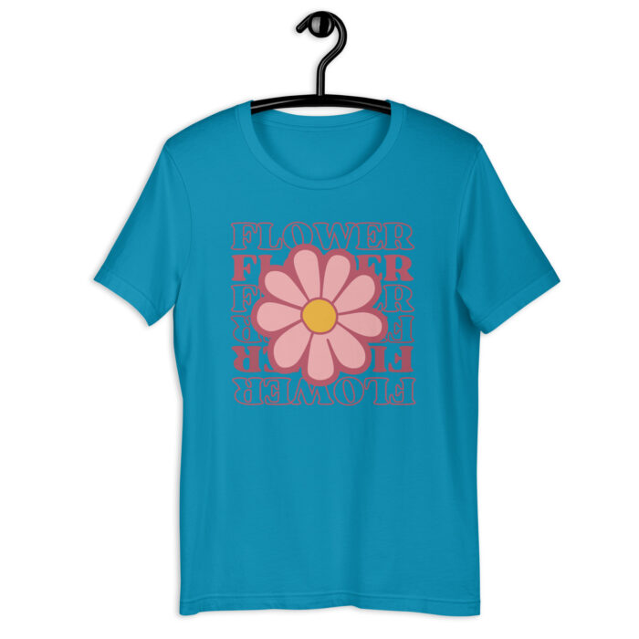 “Floral Emblem” Tee – ‘Flower Power’ Retro Design – Blossoming Color Choices - Aqua, 2XL