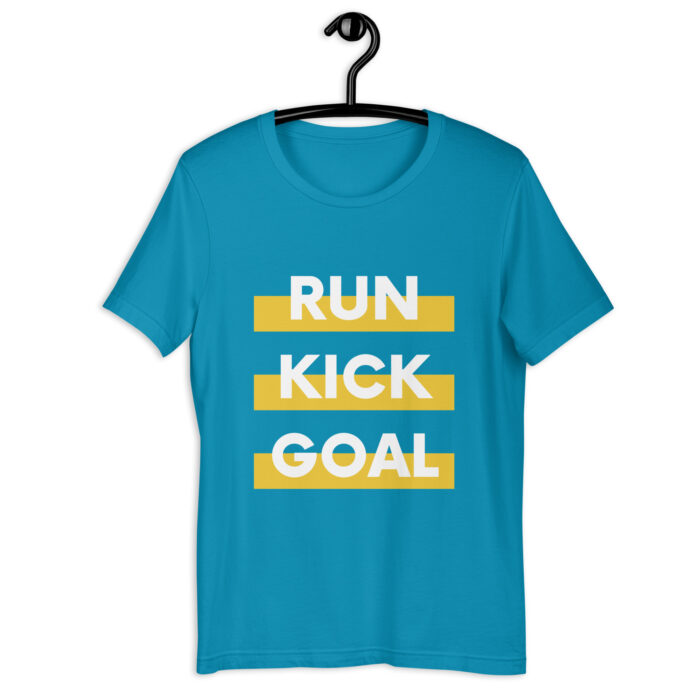 “Run Kick Goal” Soccer Tee – Black & Yellow Typographic - Aqua, 2XL