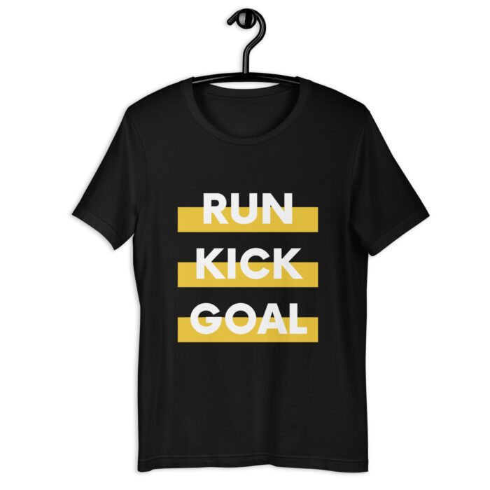 “Run Kick Goal” Soccer Tee – Black & Yellow Typographic - Black, 2XL