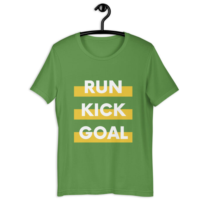 “Run Kick Goal” Soccer Tee – Black & Yellow Typographic - Leaf, 2XL