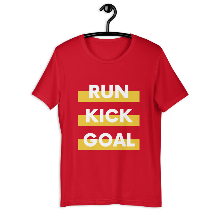 “Run Kick Goal” Soccer Tee – Black & Yellow Typographic - Red, 2XL