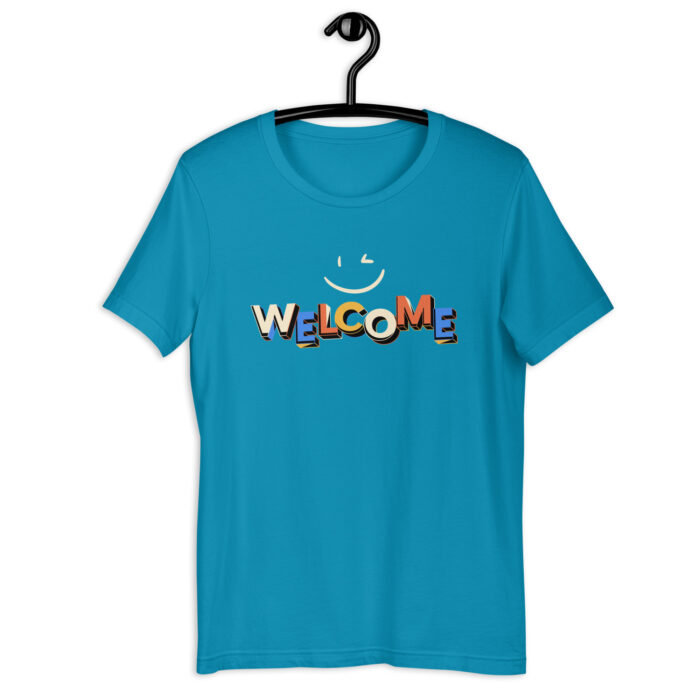 “Warm Greetings” Tee – ‘Welcome’ Smiley Design – Inviting Color Range - Aqua, 2XL