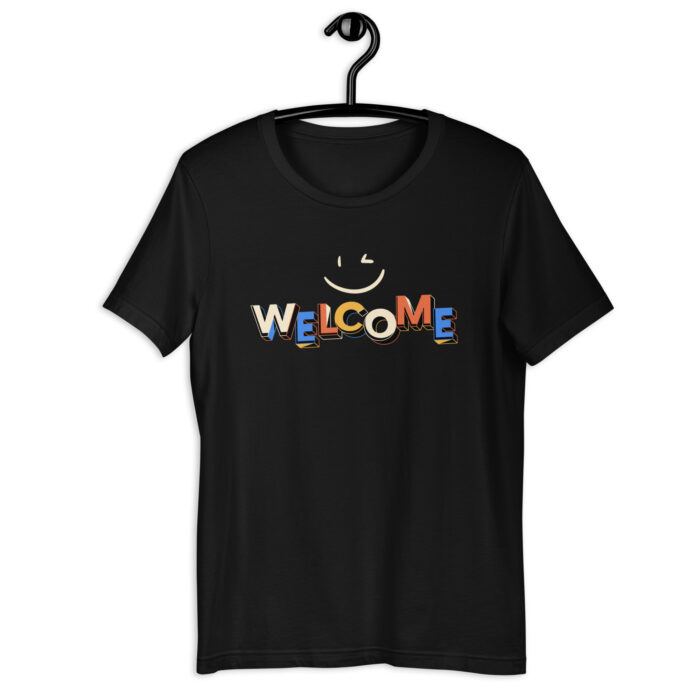 “Warm Greetings” Tee – ‘Welcome’ Smiley Design – Inviting Color Range - Black, 2XL