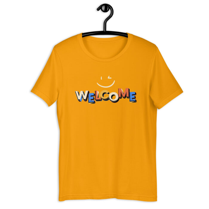 “Warm Greetings” Tee – ‘Welcome’ Smiley Design – Inviting Color Range - Gold, 2XL