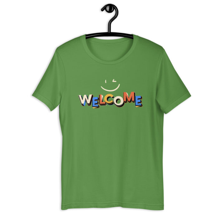 “Warm Greetings” Tee – ‘Welcome’ Smiley Design – Inviting Color Range - Leaf, 2XL