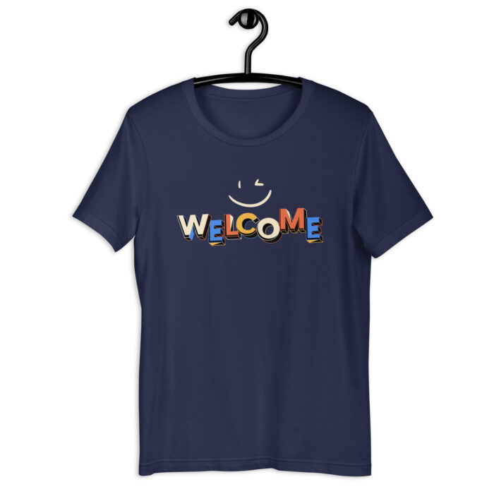 “Warm Greetings” Tee – ‘Welcome’ Smiley Design – Inviting Color Range - Navy, 2XL