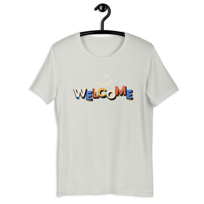 “Warm Greetings” Tee – ‘Welcome’ Smiley Design – Inviting Color Range - Silver, 2XL