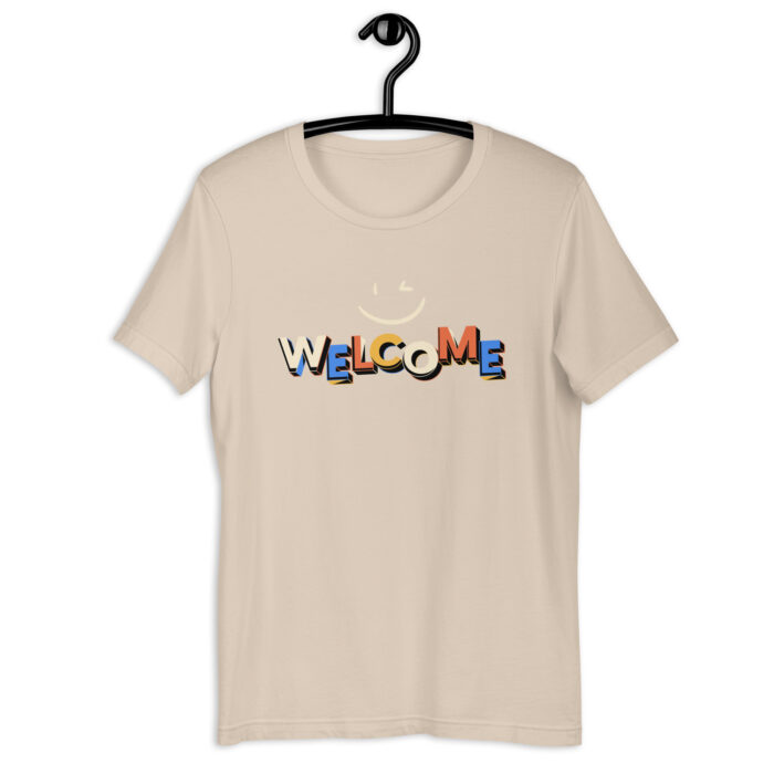 “Warm Greetings” Tee – ‘Welcome’ Smiley Design – Inviting Color Range - Soft Cream, 2XL