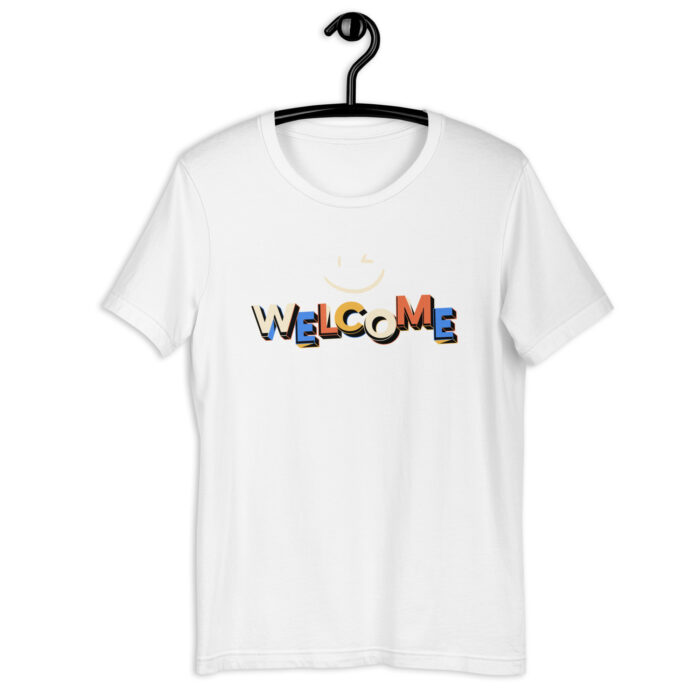 “Warm Greetings” Tee – ‘Welcome’ Smiley Design – Inviting Color Range - White, 2XL